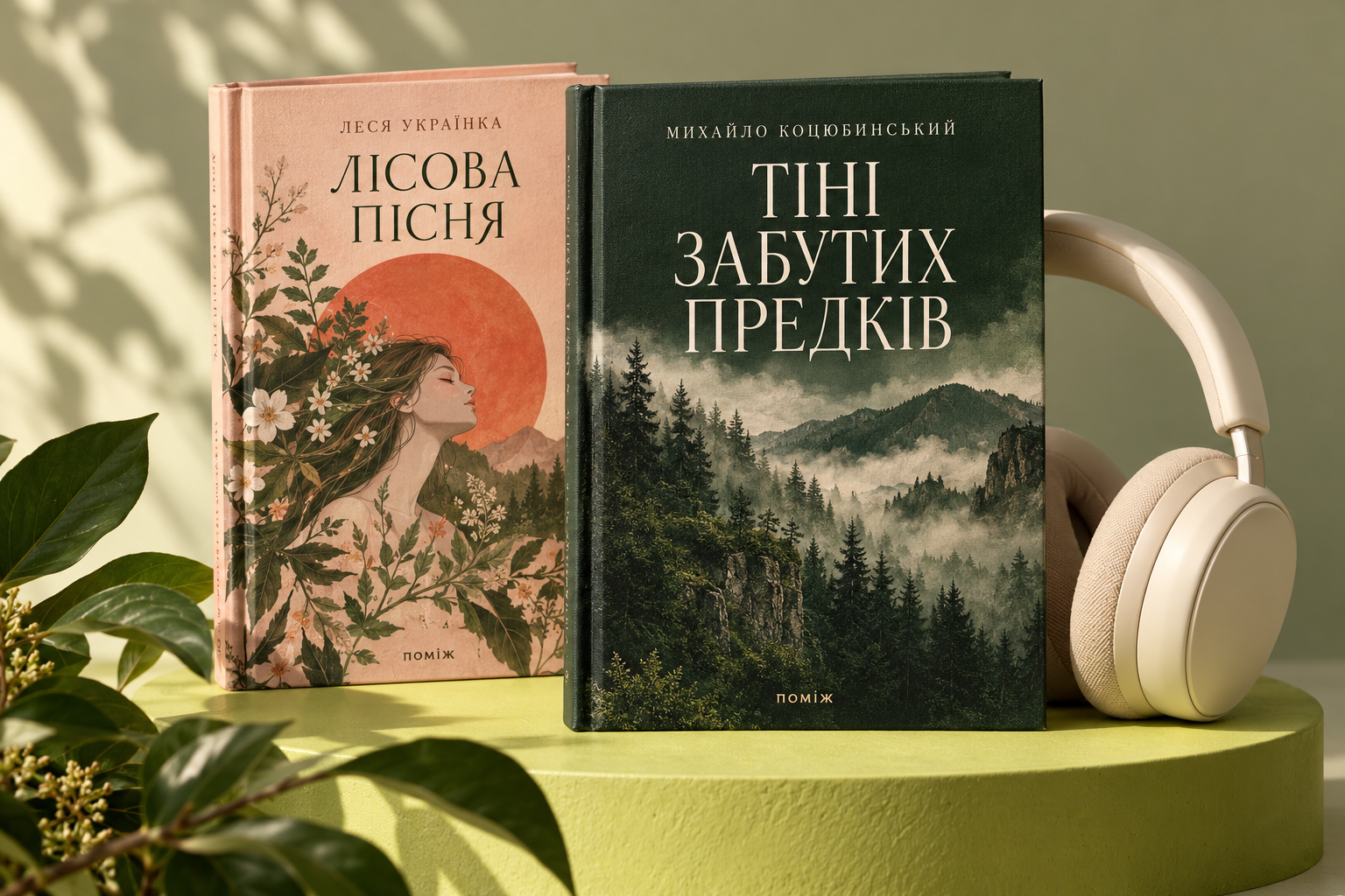 Оригінальні обкладинки «Тіні забутих предків» і «Лісова пісня» та навушники на лаймовому подіумі